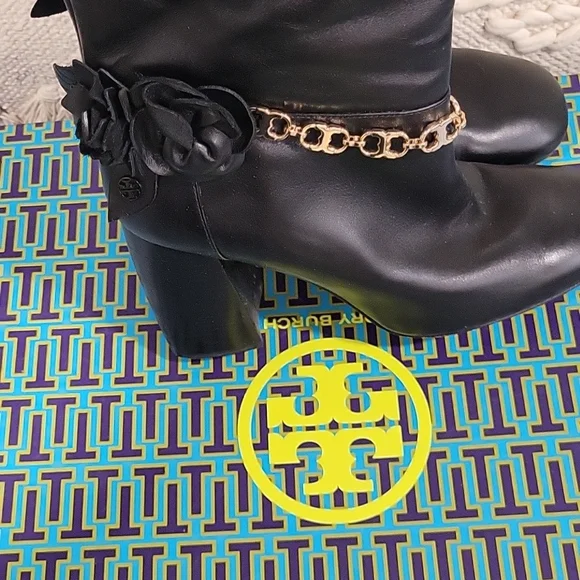 Tory Burch Black Blossom Block Heel Boots Tall Knee High Shoes - Picture 3 of 10